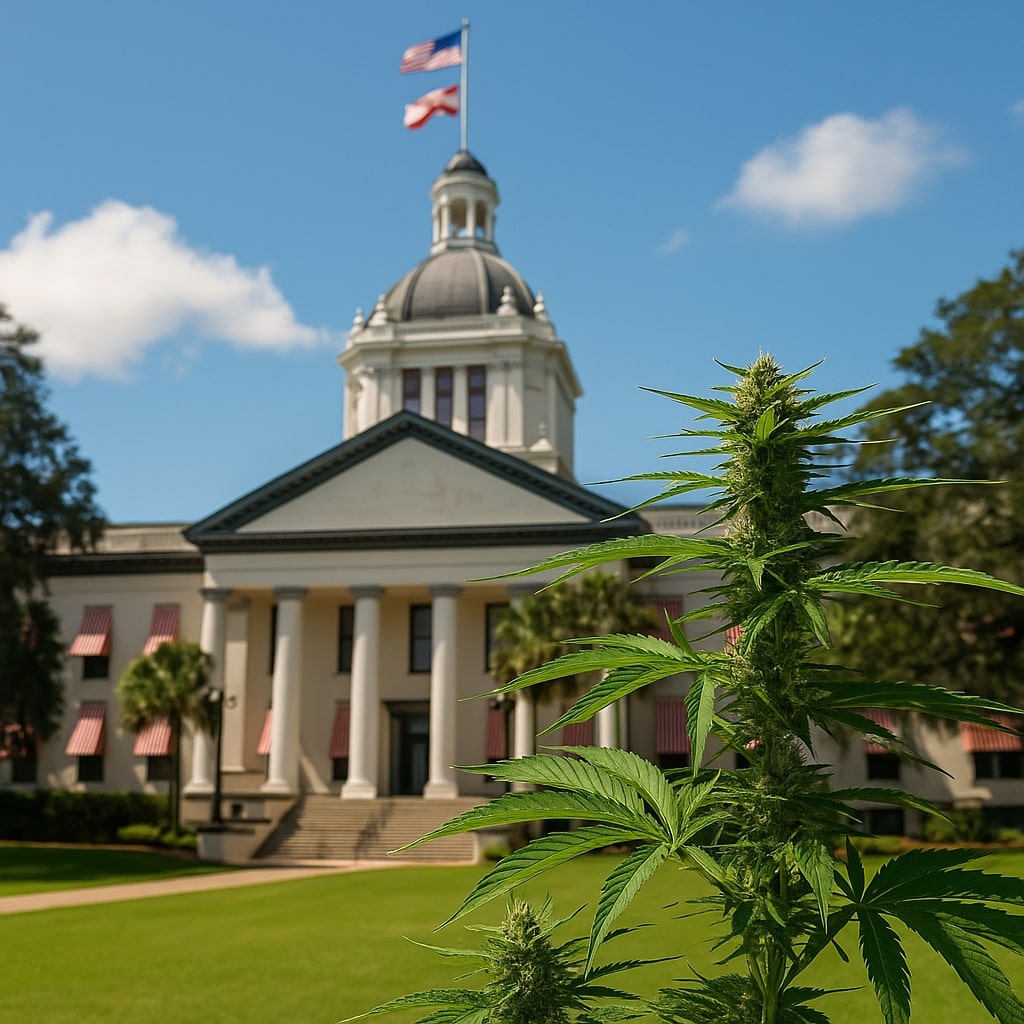 A sunny image of a Florida dispensary or coastline.